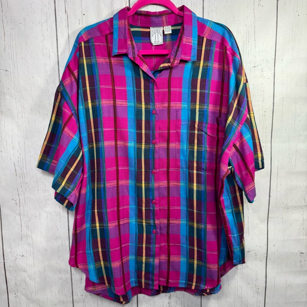 Vintage CHEZ T Oversized Plaid Button Up Shirt Cotton Bright 90s Bold Print 22W